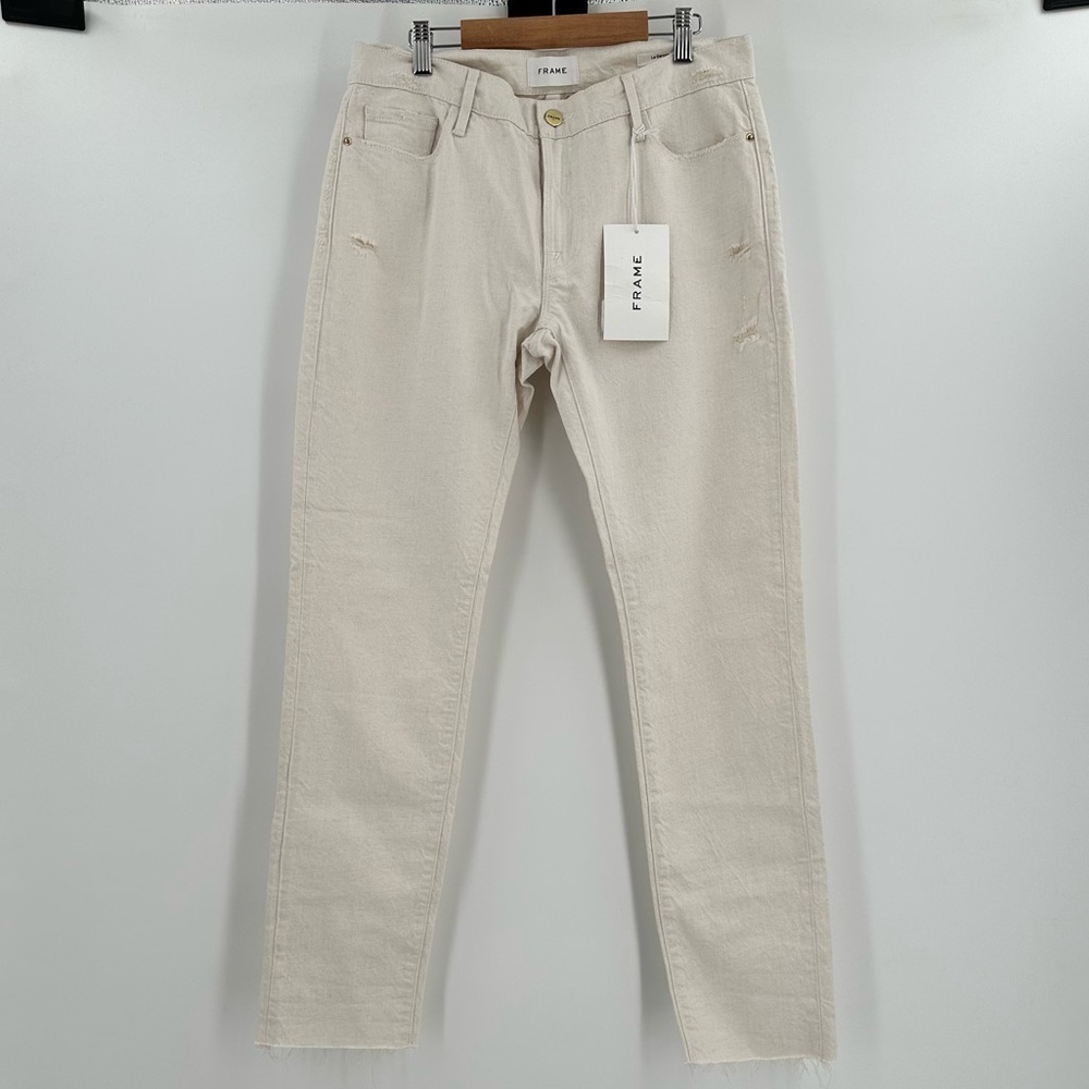 Frame LeGarcon NWT Mid Rise Straight Lightly Distressed Linen Blend Jeans Sz 25